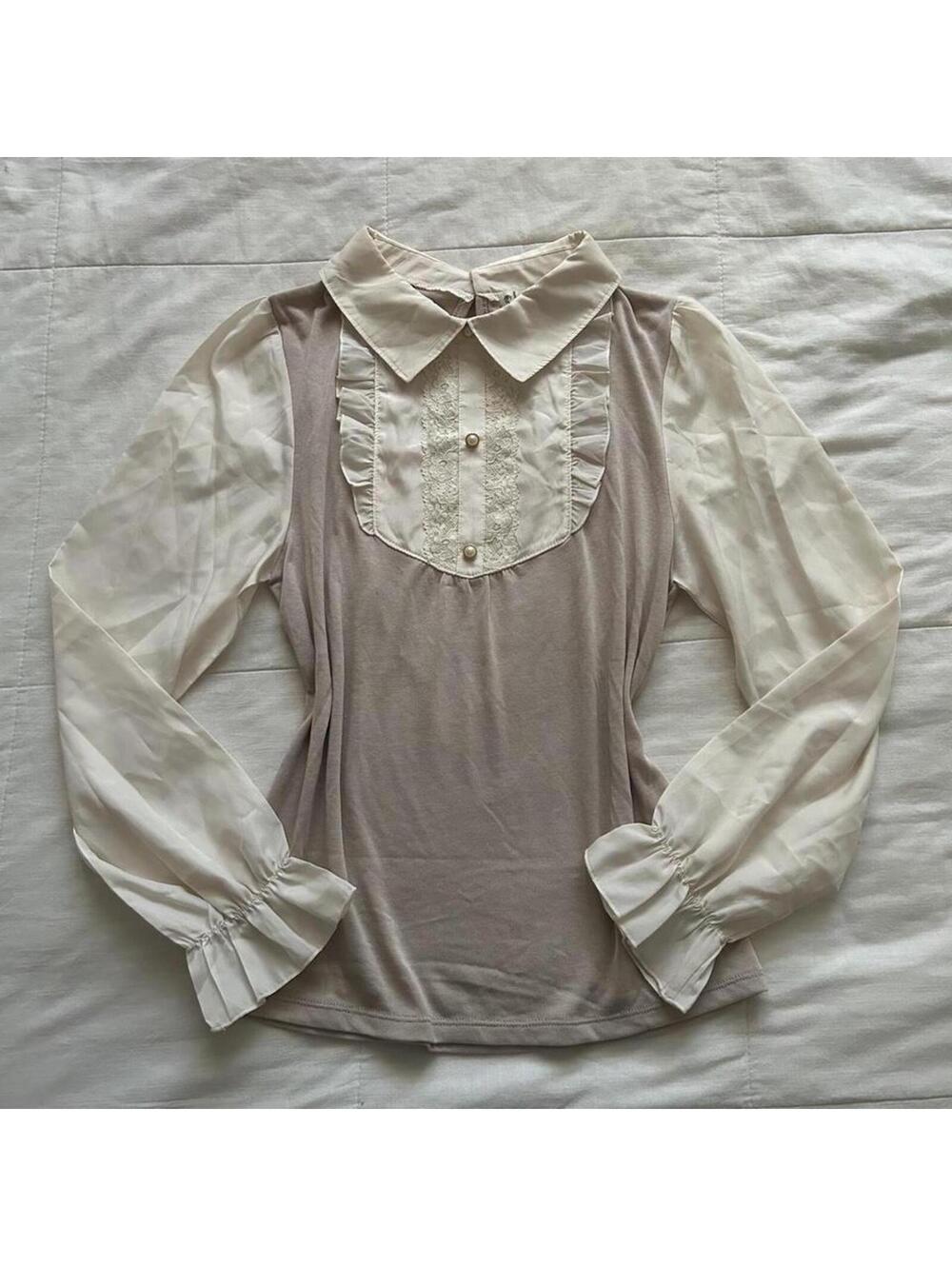 Axes Femme Cream and pink ruffle bib blouse with lace details and collar